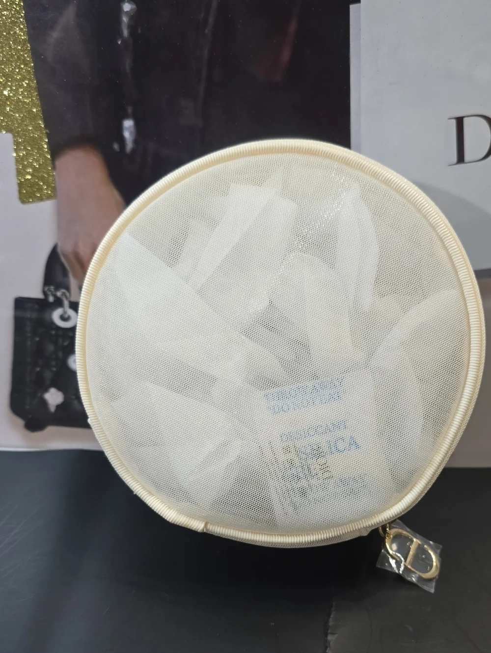 Dior Round Embroidered Cosmetic Pouch in Cream and Pink with Gold Accent